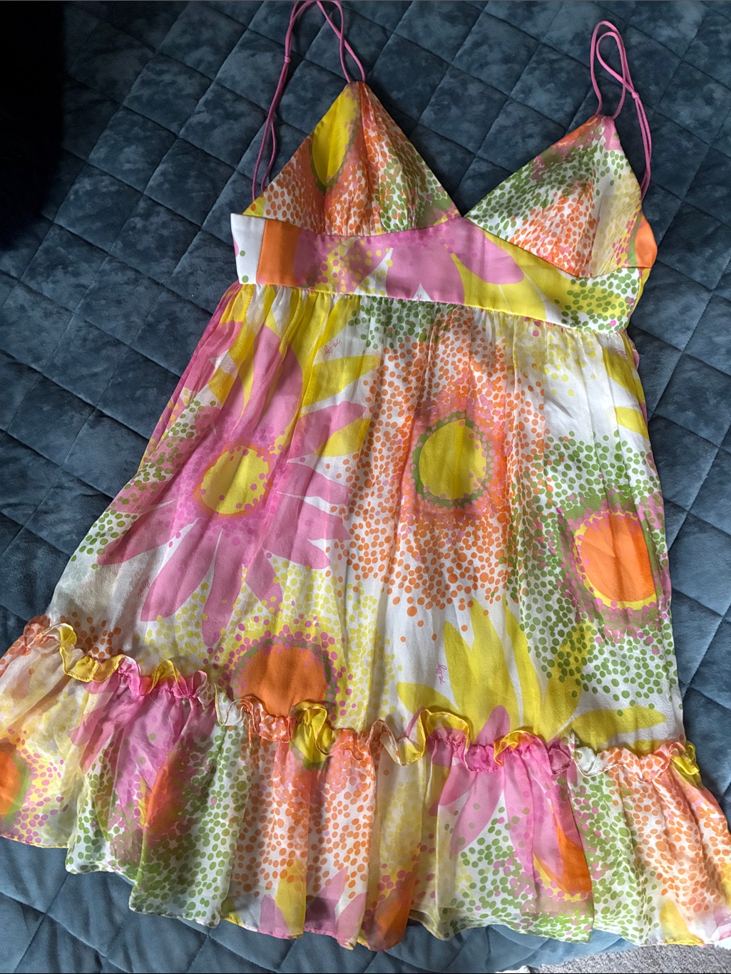 Milly Pink Yellow Orangesilk Floral Spaghetti-Strap Mini Dress. Lined. Elegant